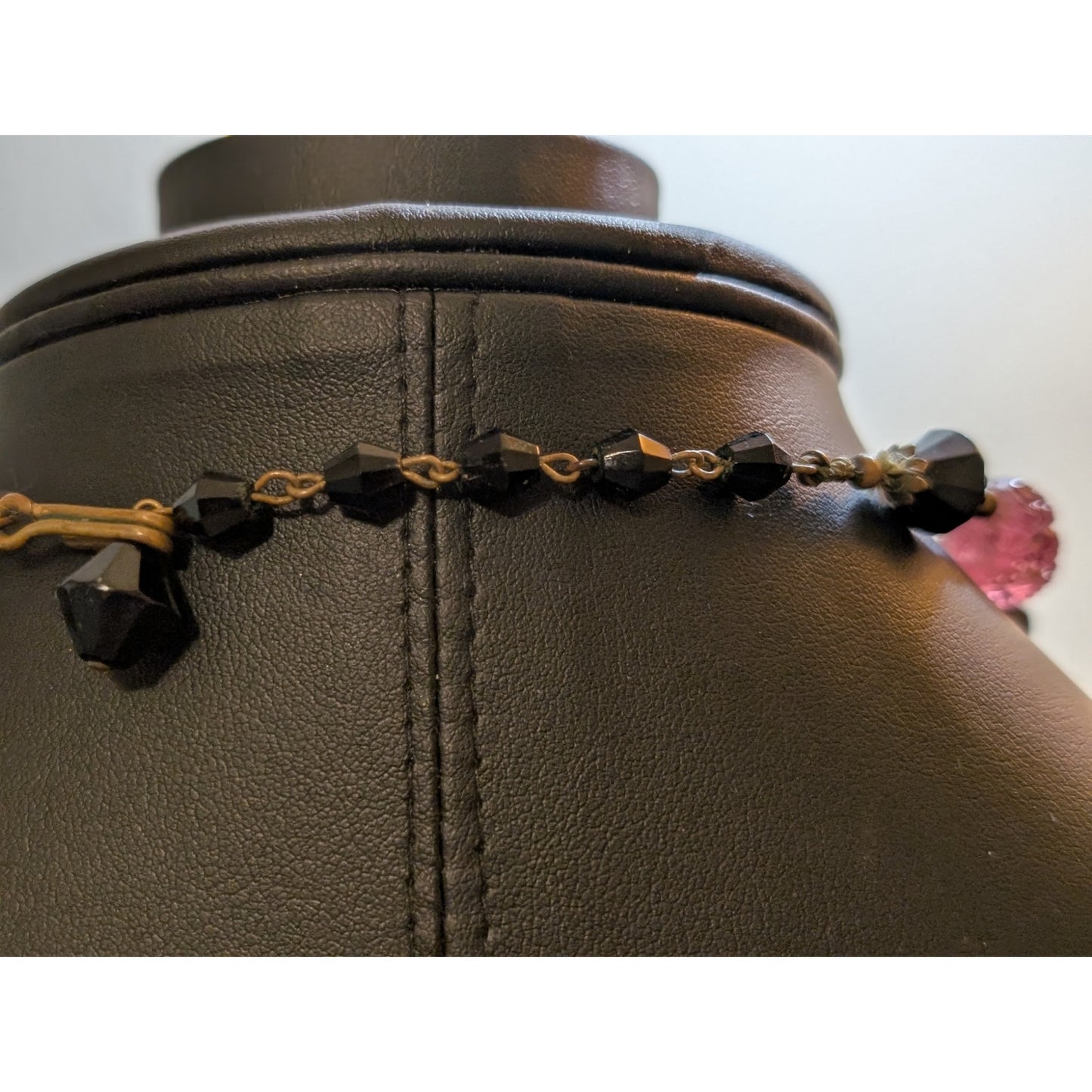 Antique Carved Strawberry Quartz Black Bi-Cone Brass Bead & Hook Clasp Necklace
