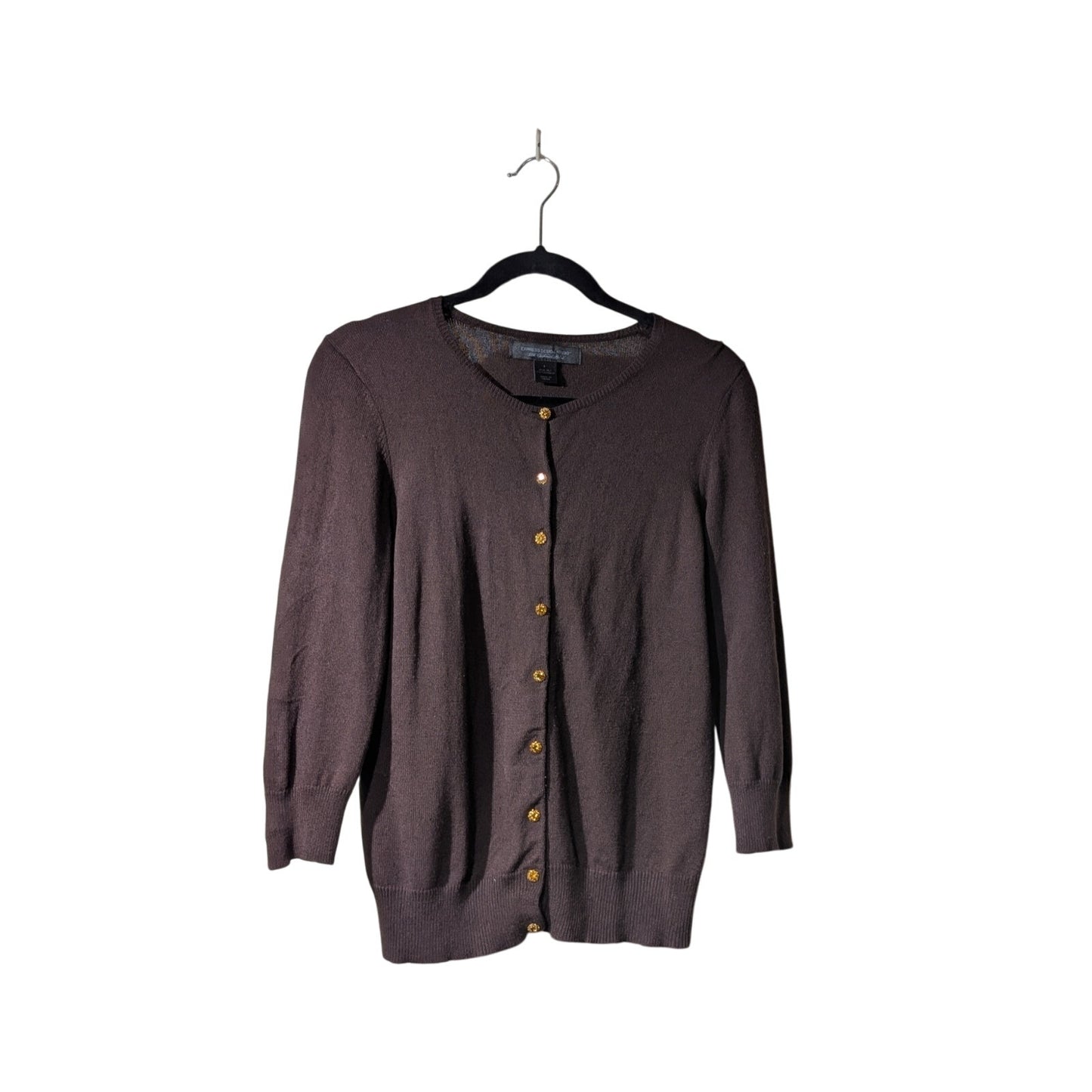 Express Design Studio Silk Cashmere Brown Rhinestone Button Cardigan Sweater L