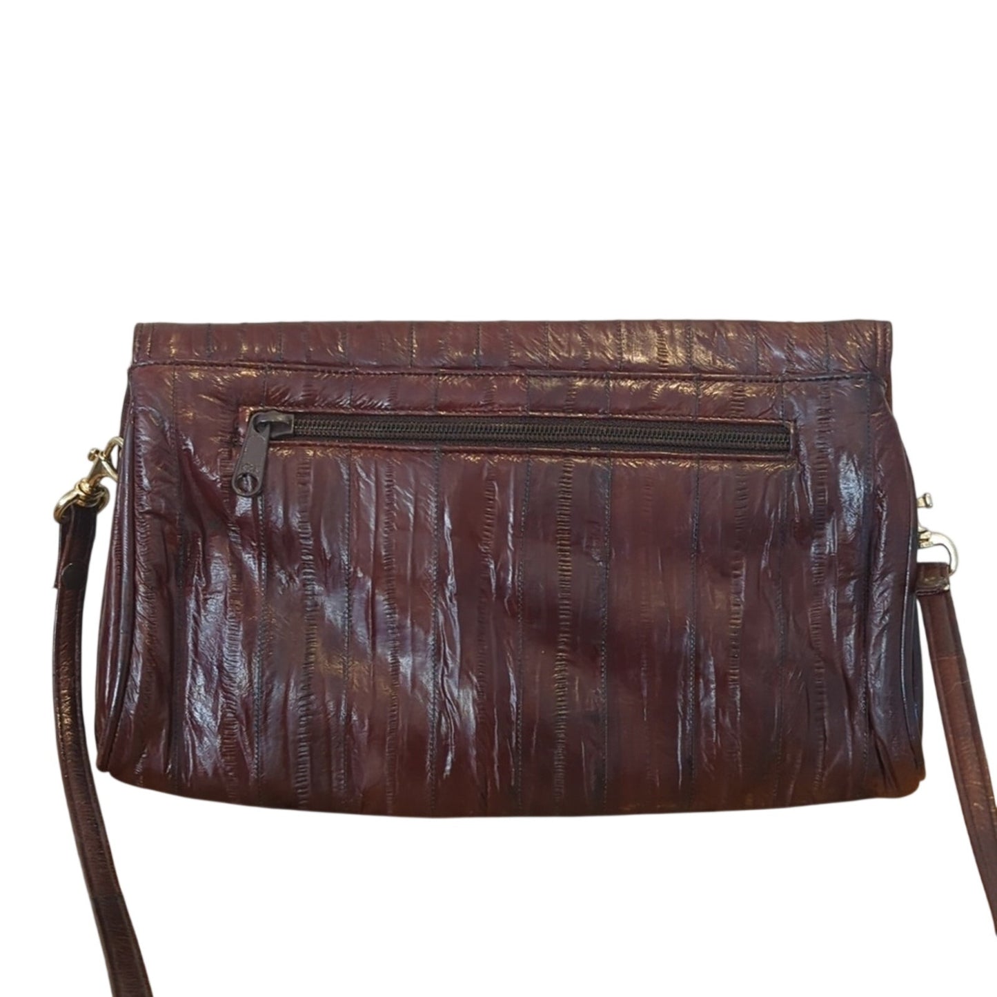 Vintage Leather of the Sea Brown Eel Skin Flap Closure Crossbody Handbag
