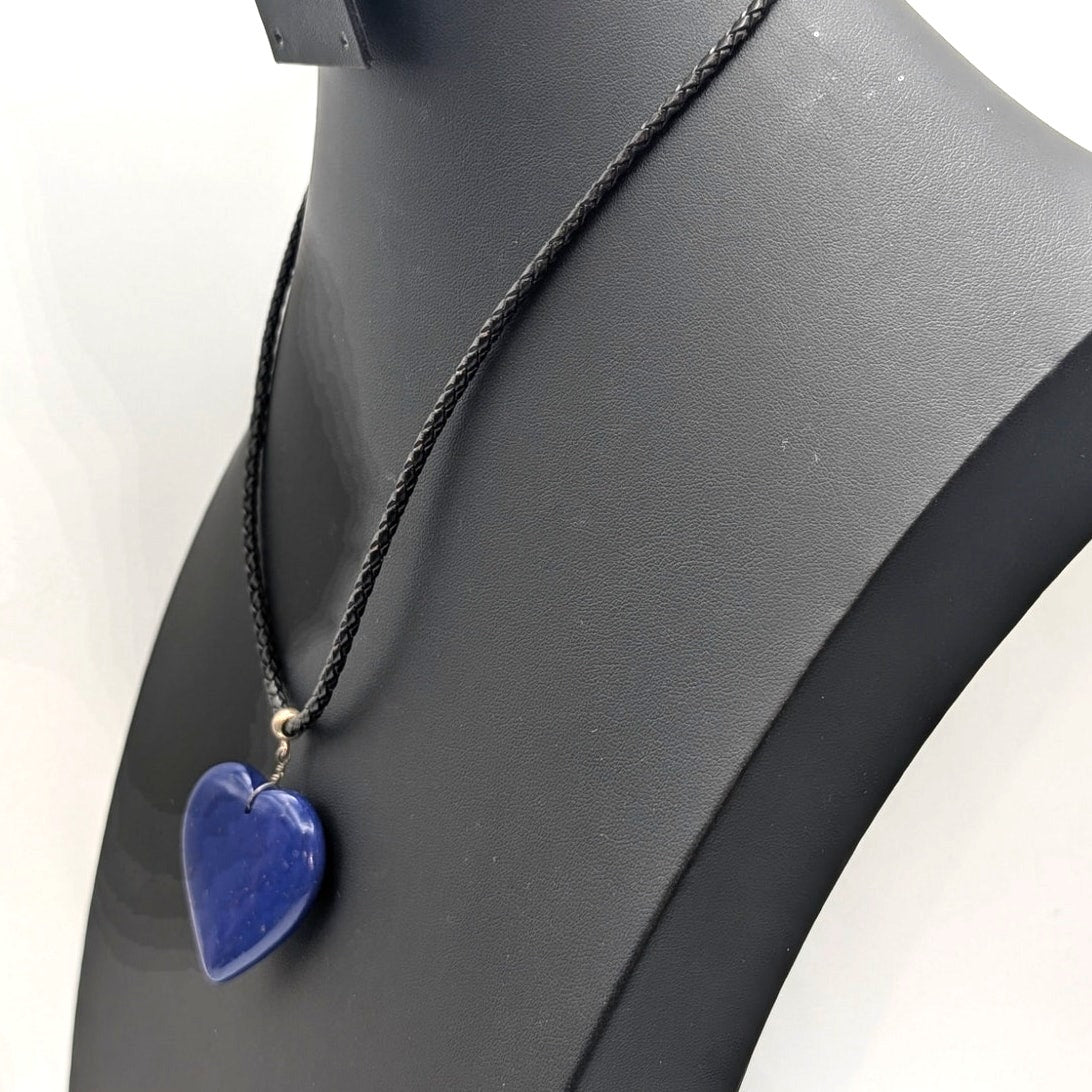 Large Blue Stone Heart Black Braided Cord Silver Tone 18"-20" Necklace