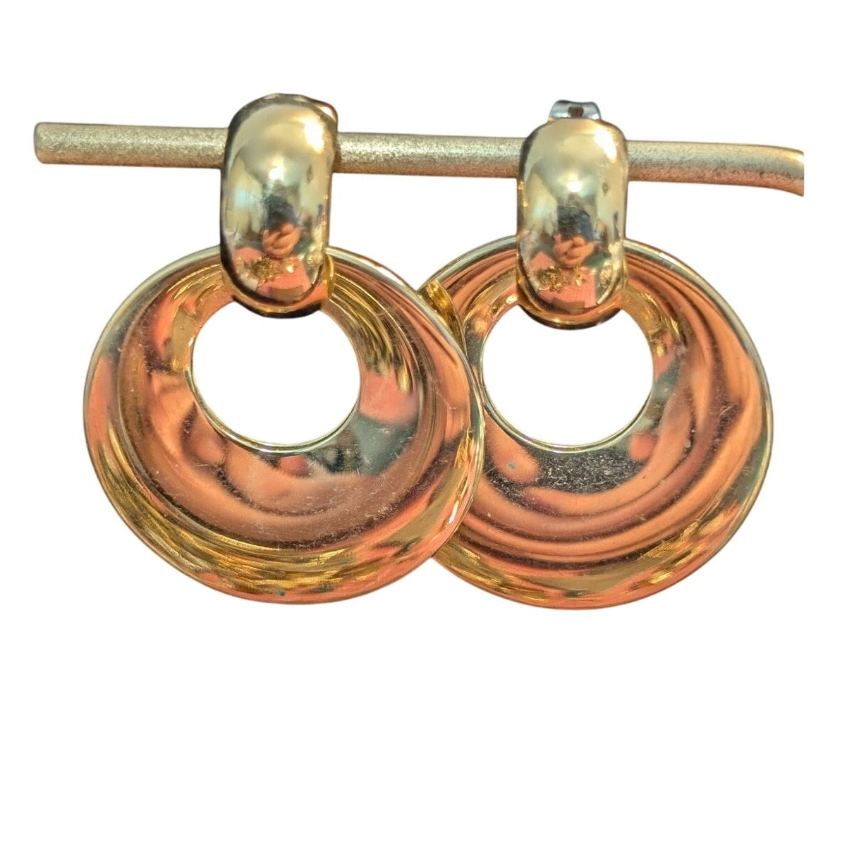 Vintage 80s High Polished Gold Tone Door Knocker Hoop Post Earrings