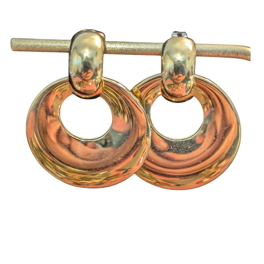 Vintage 80s High Polished Gold Tone Door Knocker Hoop Post Earrings