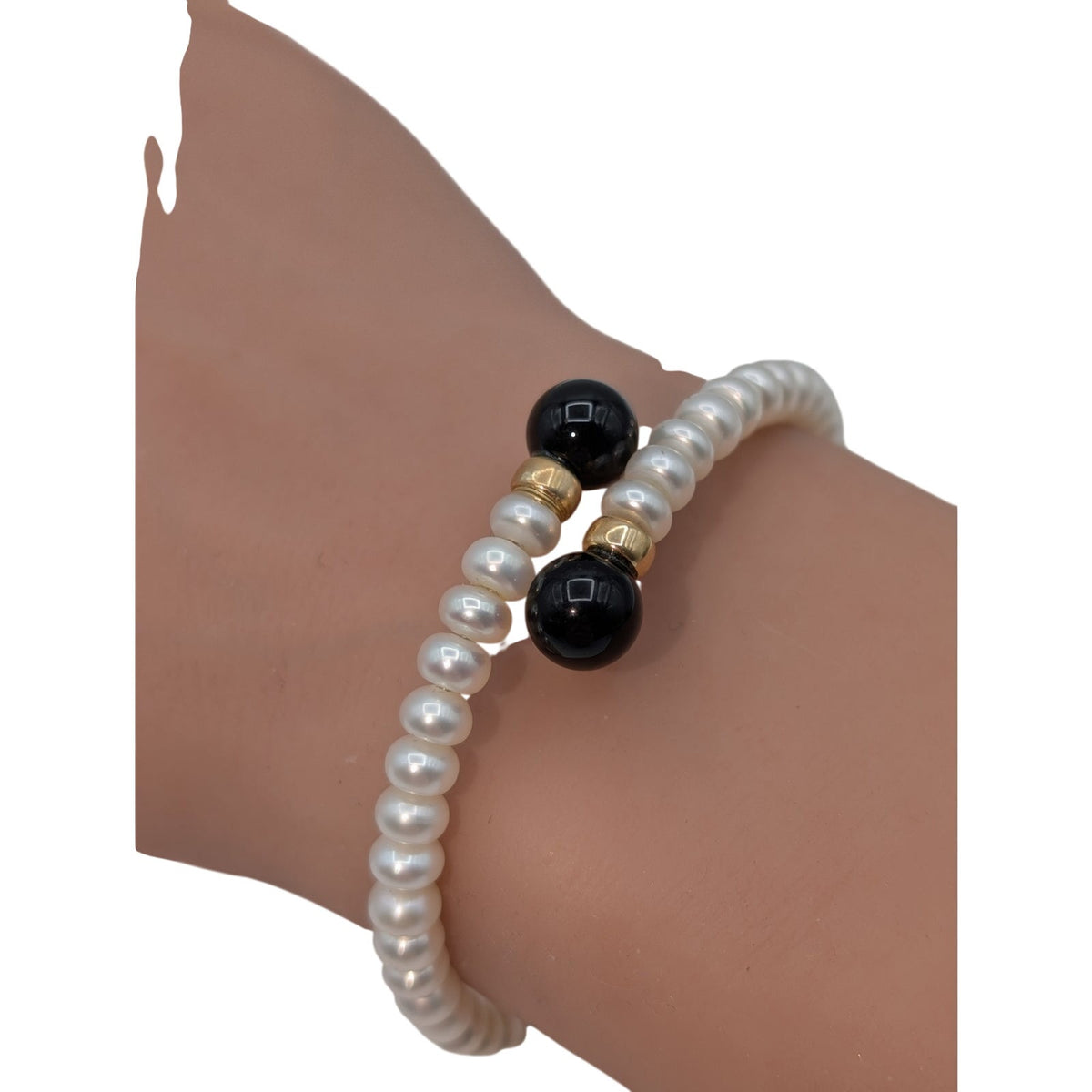 Freshwater Pearl Black Onyx End 14K Gold Accent Beaded Wire Wrap Bracelet