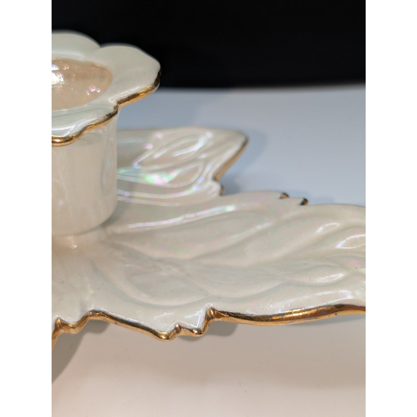 Vintage Signed 1953 Iridescent Cream Gold Trimmed Leaf Candle Holder