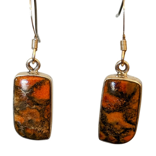 Vtg Marked 925 Sterling Orange Copper Turquoise Bezel Set Stone Dangle Earrings