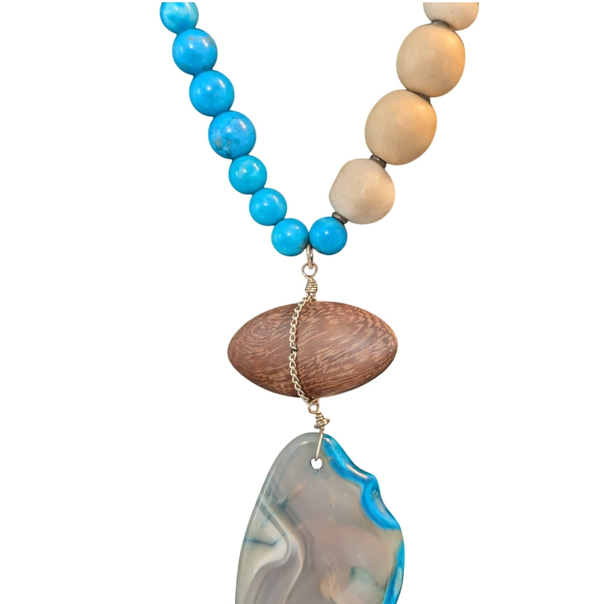 Blue Stone Agate Wood Pendant Boho Long 32"-34" Necklace