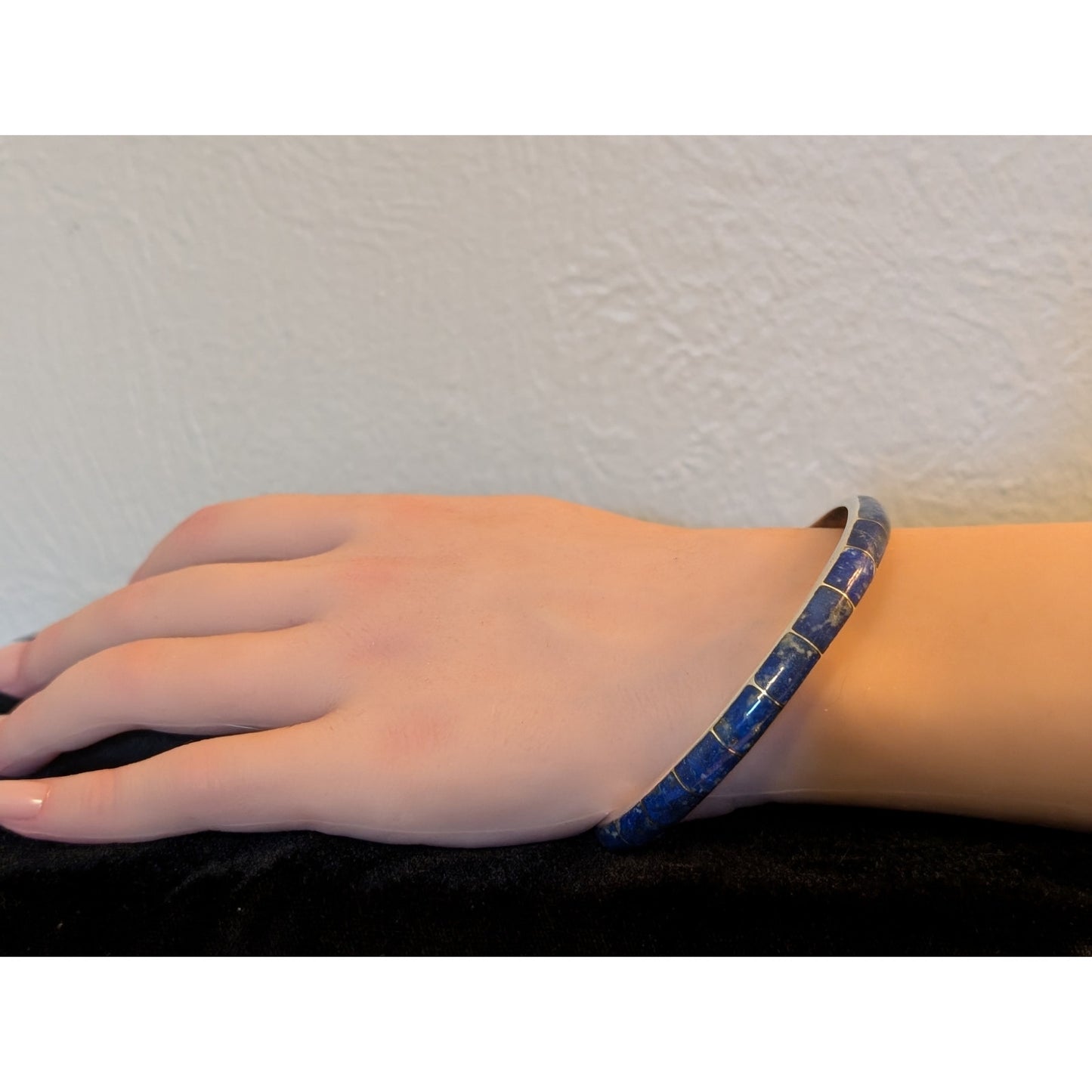 Vintage 950 Sterling Silver Lapis Lazuli Inlay Round Bangle Bracelet