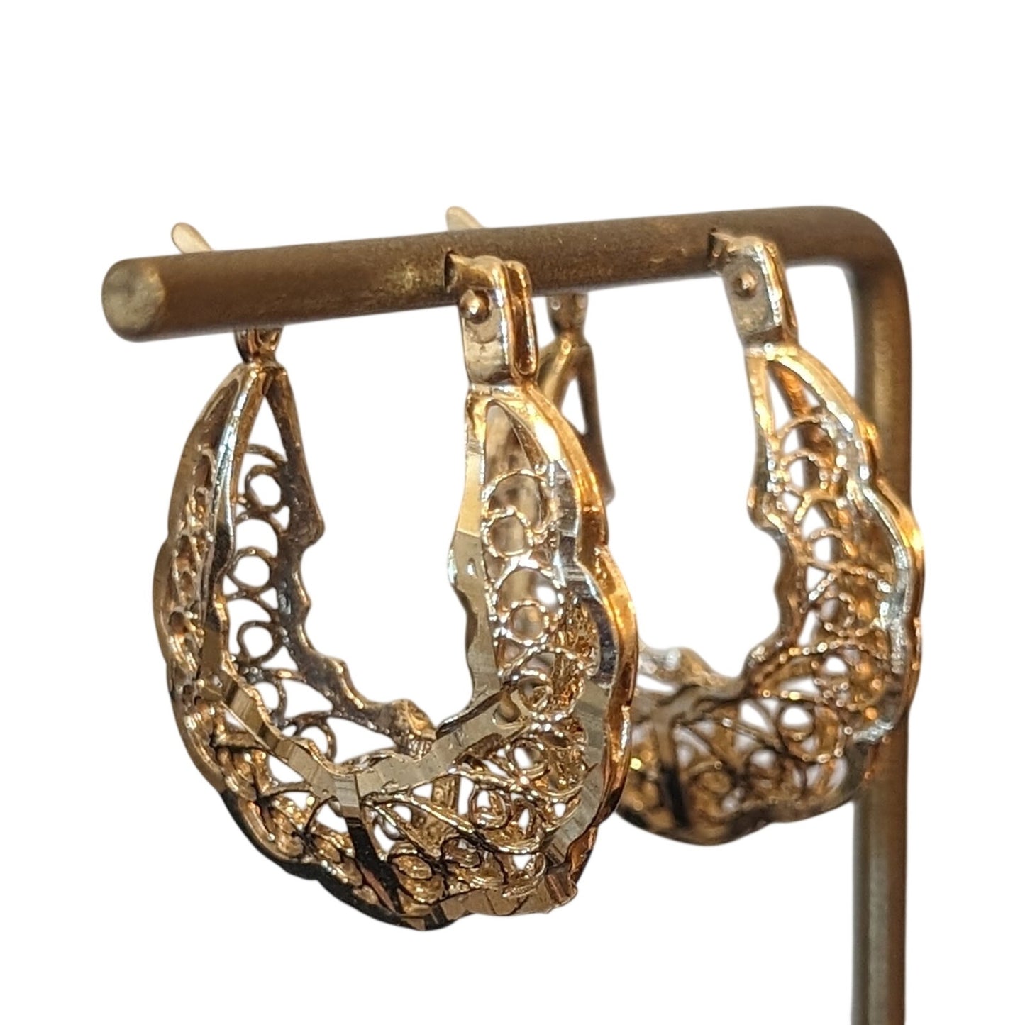 925 Sterling Silver Gold Vermeil Filigree Hoop Latch Down Pierced Earrings