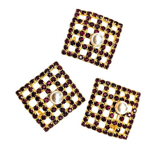 Lot of Three Vtg Gold Tone Red Crystal Lattice Square Floating Pearl Brooches
