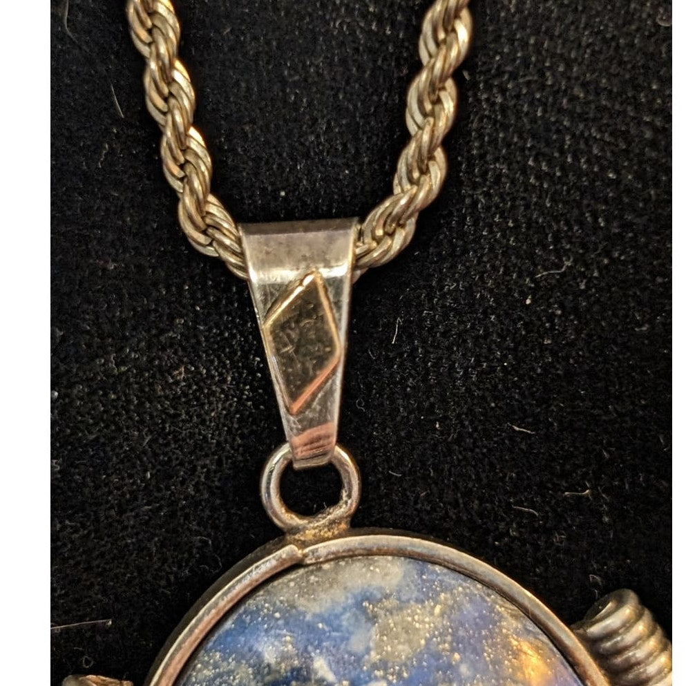 Blue Stone Bezel Set in Sterling Silver on Vintage Heavy Sterling Rope Chain