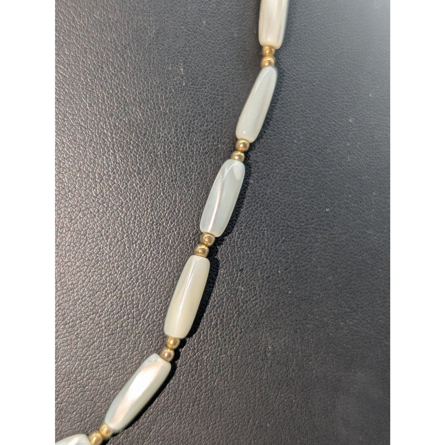 Vintage Elongated MOP & Gold Tone Bead 25" Necklace W/ Hook Slide in Clasp