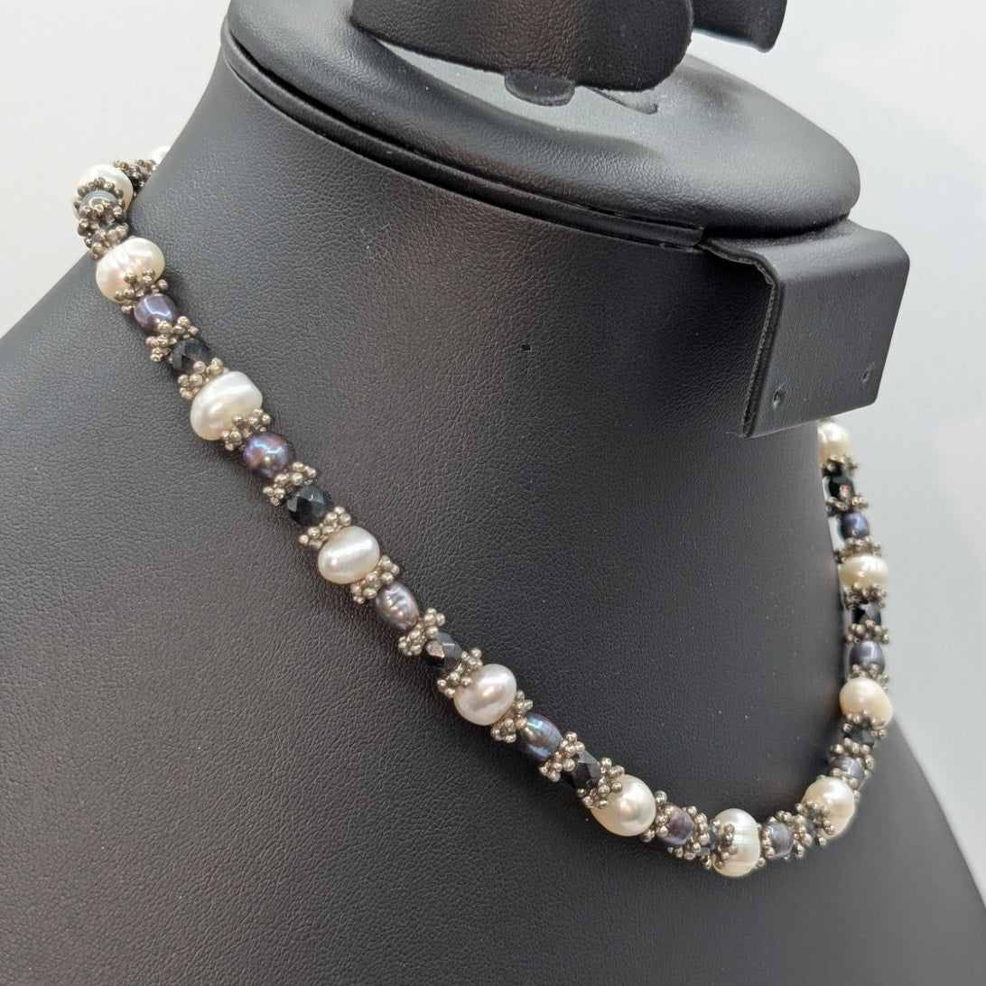 Multi-Color Pearl Silver Tone Beaded 14.5"-16.5" Choker Necklace