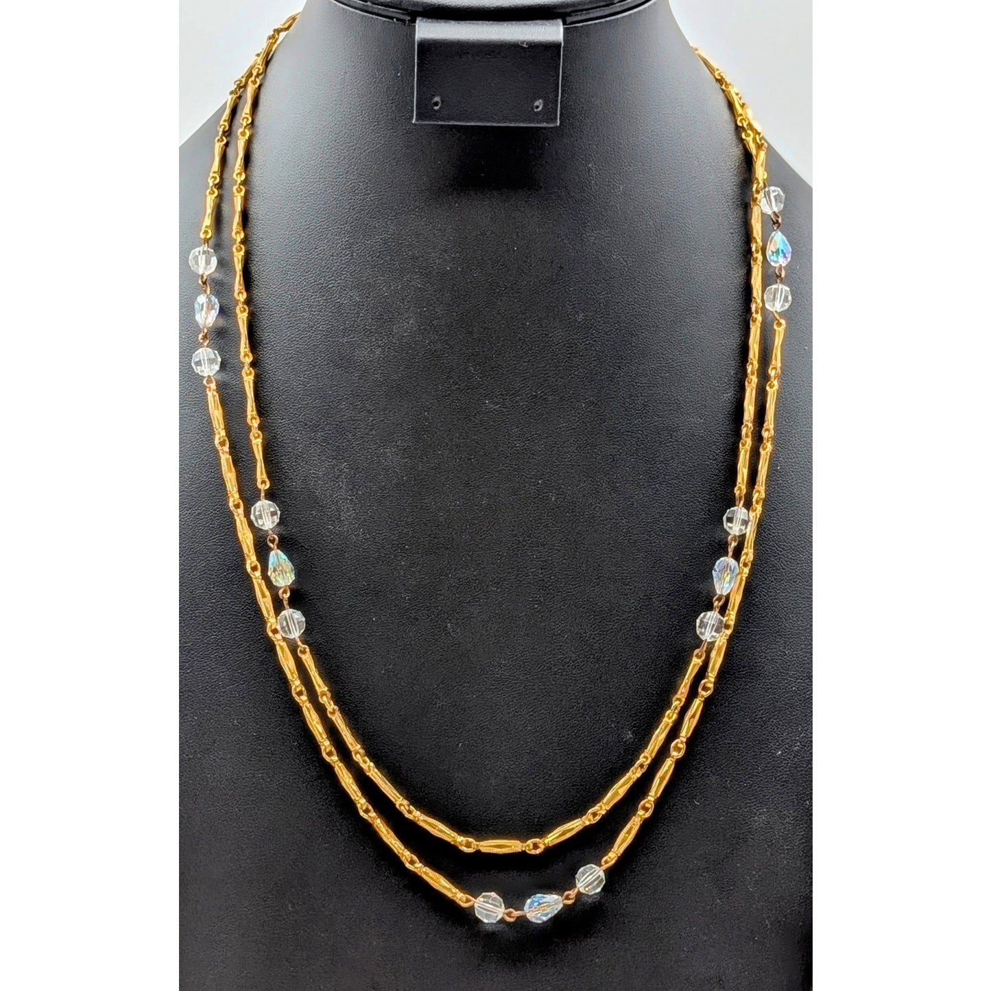 Vintage Glass Crystal Gold Tone Textured Chain Link 48" Long Strand Necklace