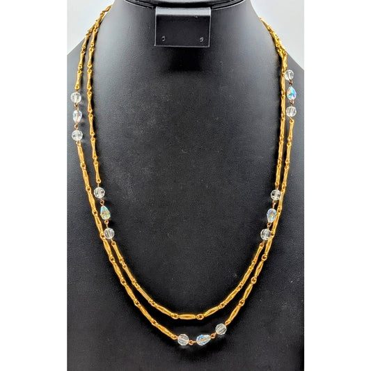 Vintage Glass Crystal Gold Tone Textured Chain Link 48" Long Strand Necklace