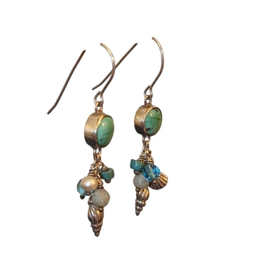 Marked 925 Sterling Wire Turquoise Seashell Beaded Dangle Earrings