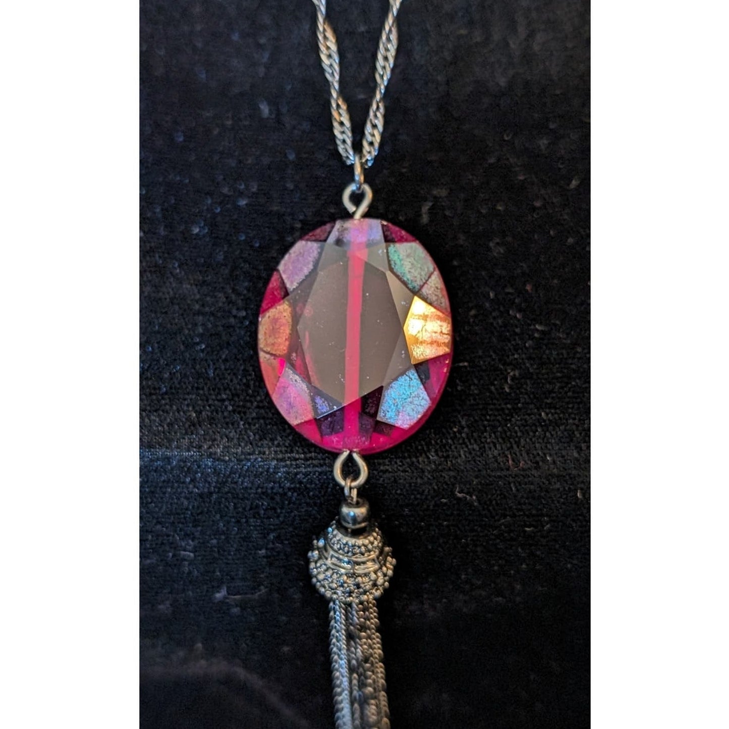 Versona Red Faceted Glass Pendant Tassel Gun Metal 35"-38" Necklace