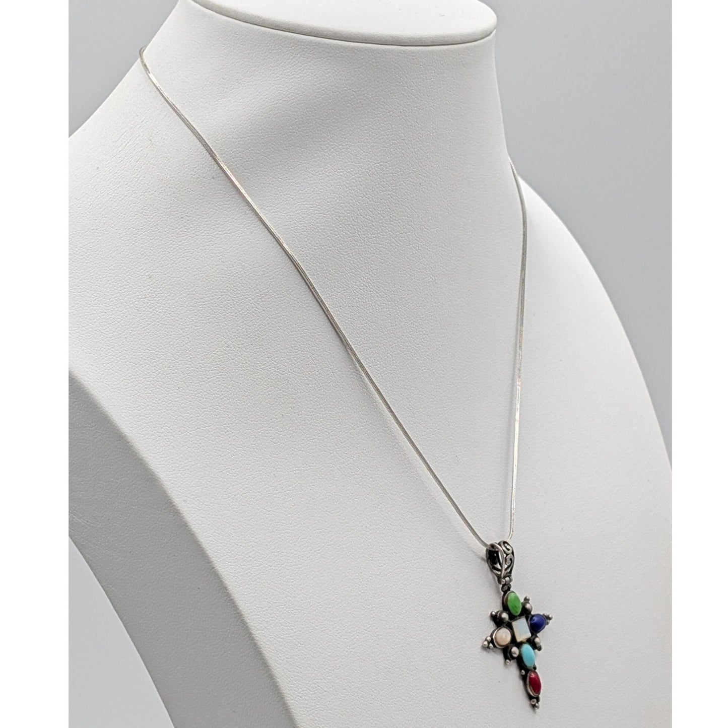 Vintage 925 Sterling Multi-Stone Cross Pendant 16" Square Snake Chain Necklace
