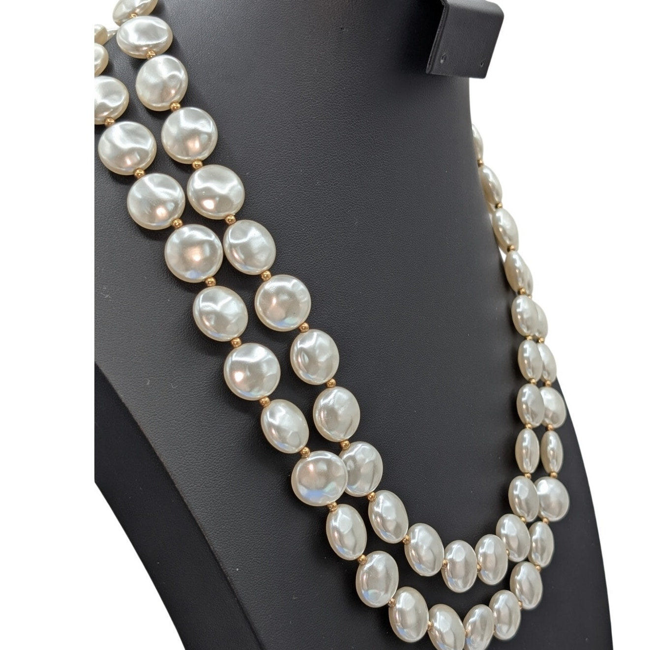 Vintage Double Strand Flat Faux Pearl Gold Tone Bead Fancy Clasp 24" Necklace