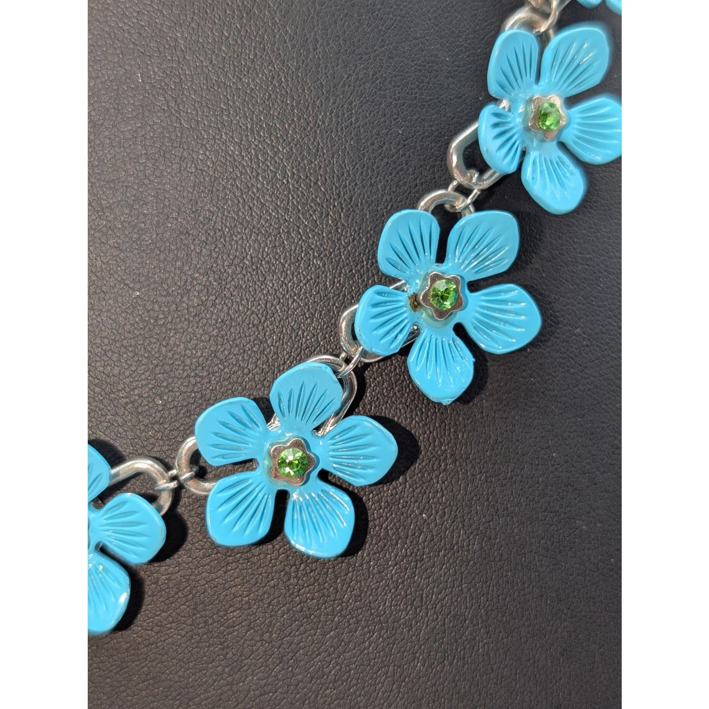Nine Blue Metal Green Crystal Flowers on Silver Tone Chain 18"-21" Necklace