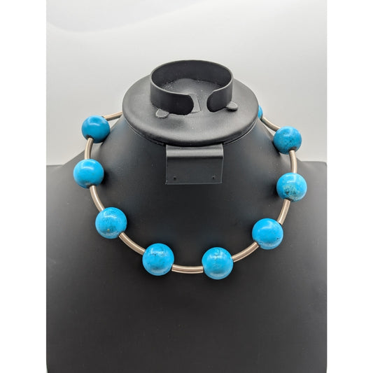 Heavy Blue Stone Bead Curved Silver Tone Rod Bead 17" Necklace