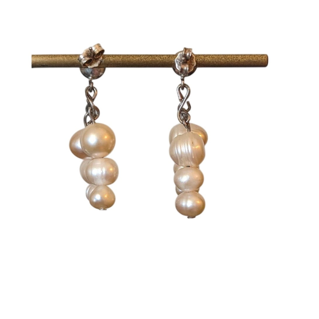 Double Dangle of Three Freshwater Potato Pearls on Sterling Silver Post Earrings
