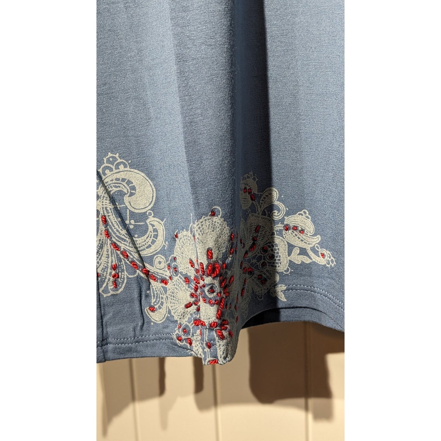 G. Designs Dusty Blue Embroidered Boho Long Sleeve Viscose/Lycra Tee Womens Sz L