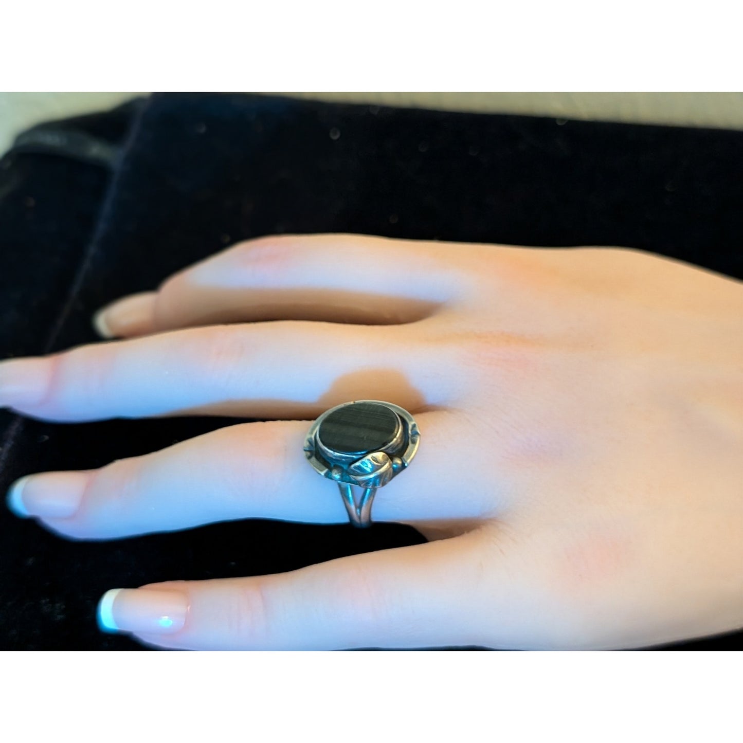 Vintage Signed GF15 Sterling Mexico Black Stone Native American Ring Size 6.5