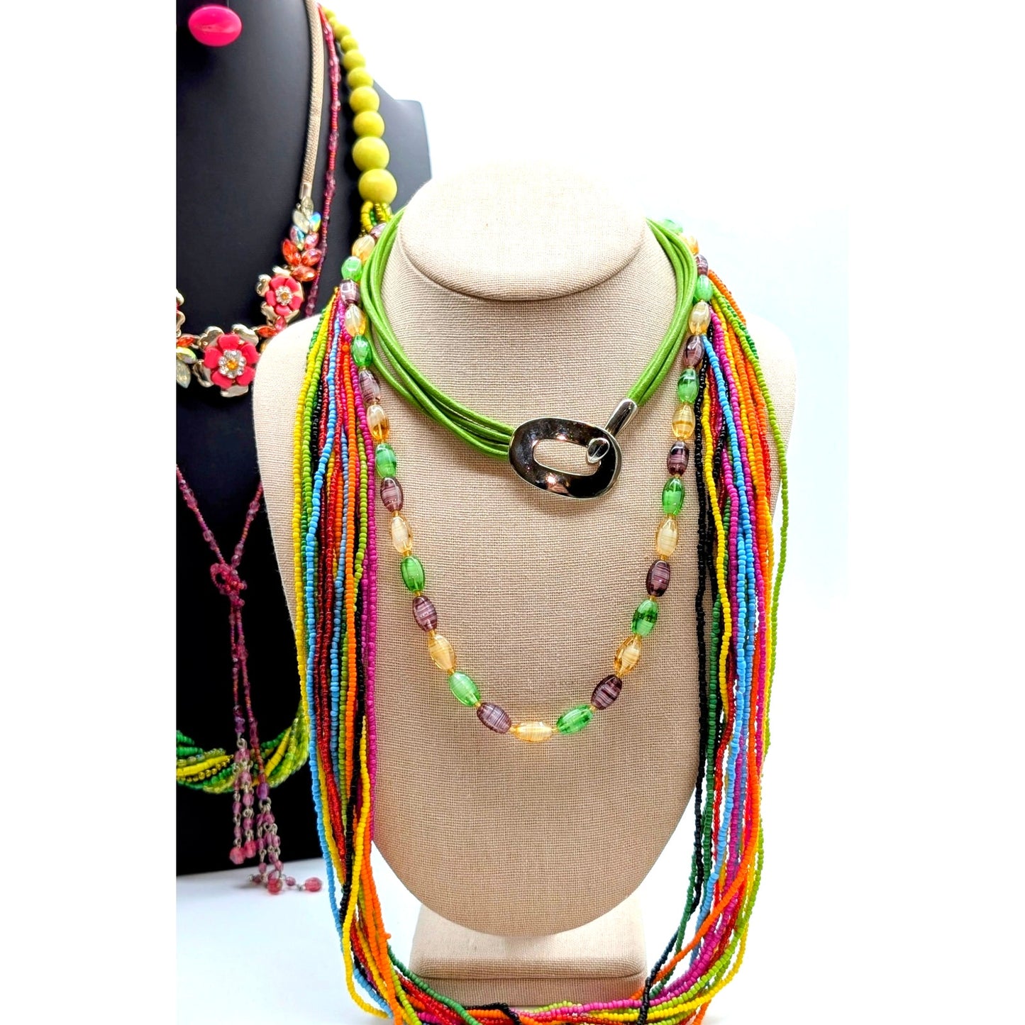 Mixed Lot of 13 Colorful Jewelry Pieces -- 6 Necklaces 2 Pr Earrings 5 Bracelets