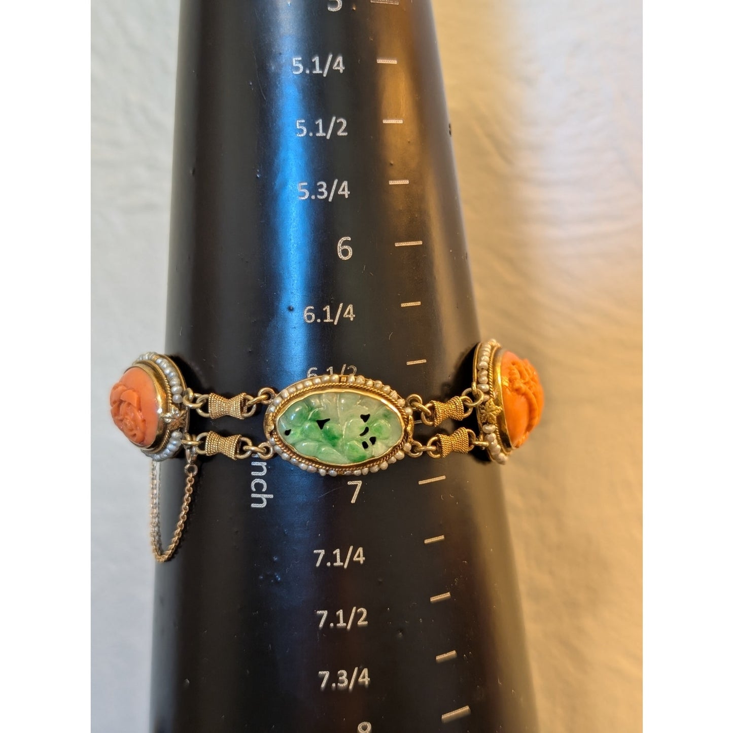 Antique Carved Green Jade Coral & Seed Pearl 14k Yellow Gold Bracelet