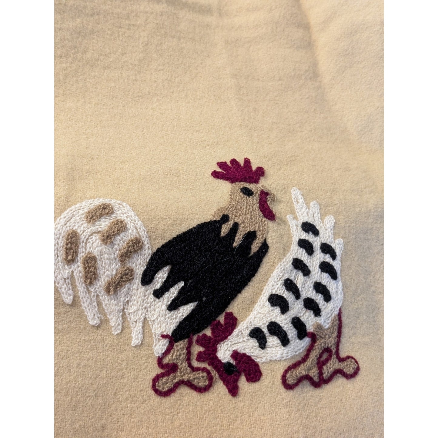Vintage Tan Burgundy Black White 100% Wool Rooster Throw Blanket 54" X 70