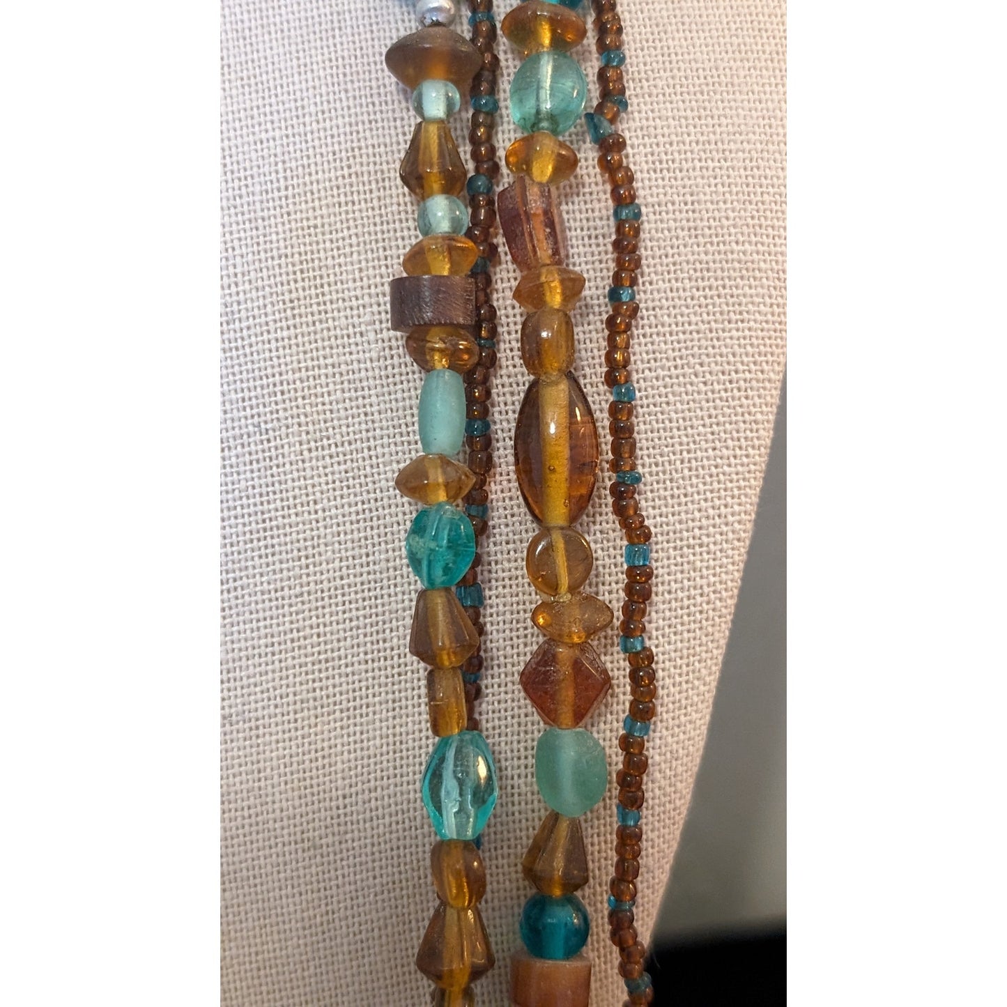 Multi-Strand Brown, Aqua Beaded 30-33" Necklace