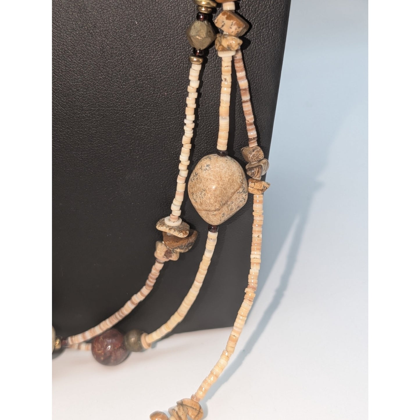 Vintage Three Strand Tiny Heishi Shell Bead Jasper Stone Station Long Necklace