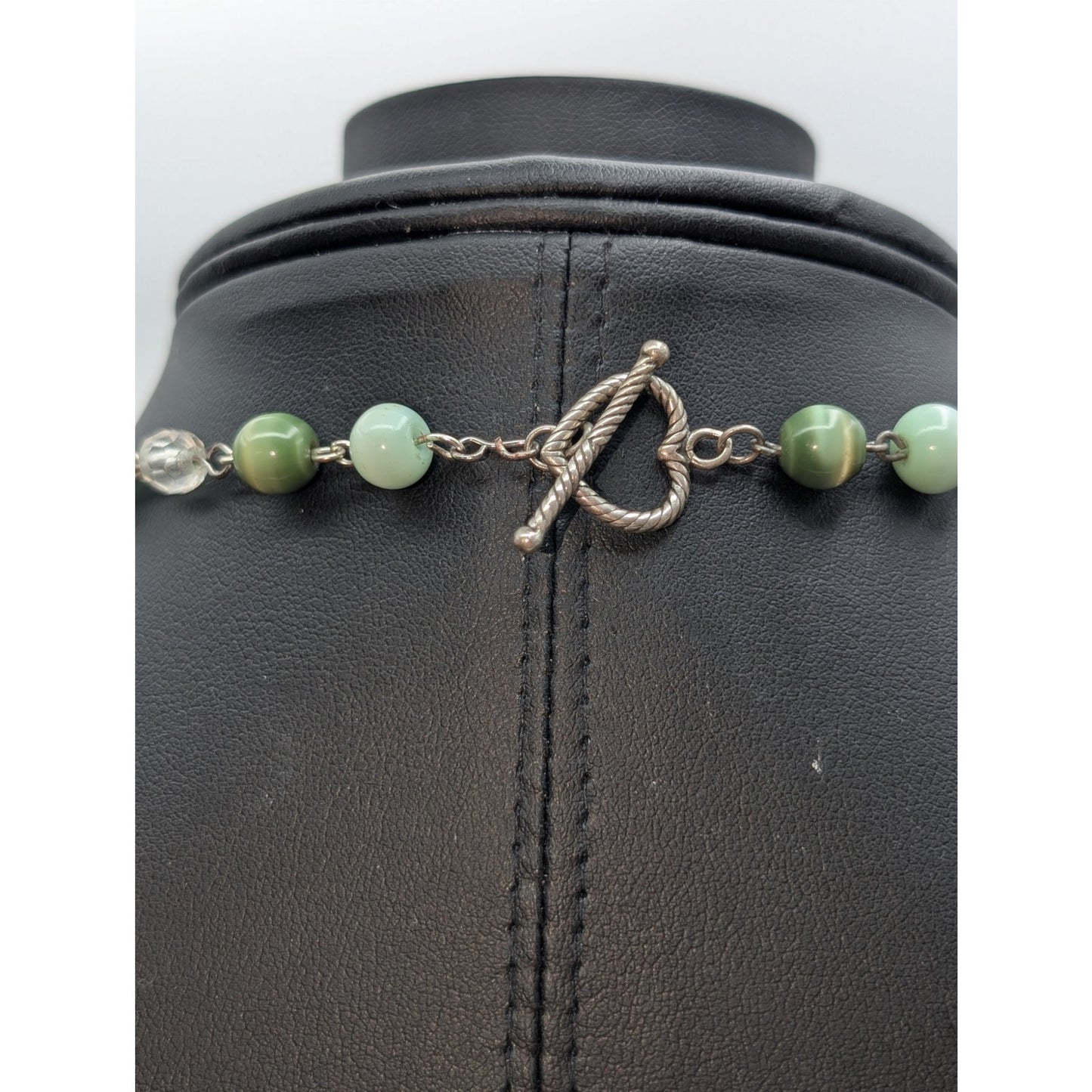 Green Stone Cat's Eye Crystal Bead Rosary Style Chain Y-Drop Toggle 23" Necklace