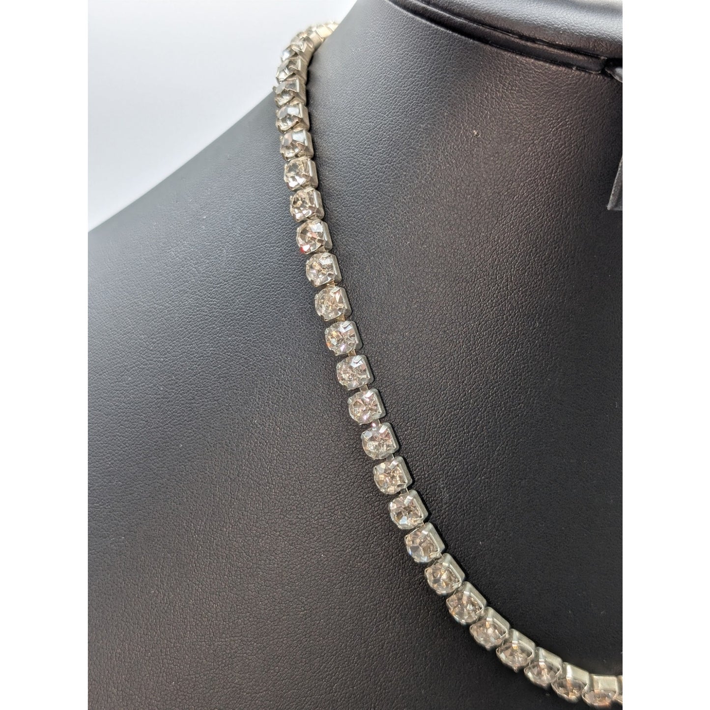 Vtg 6mm All Rhinestone Single Strand Fold Over Clasp Silver Tone 18" Necklace