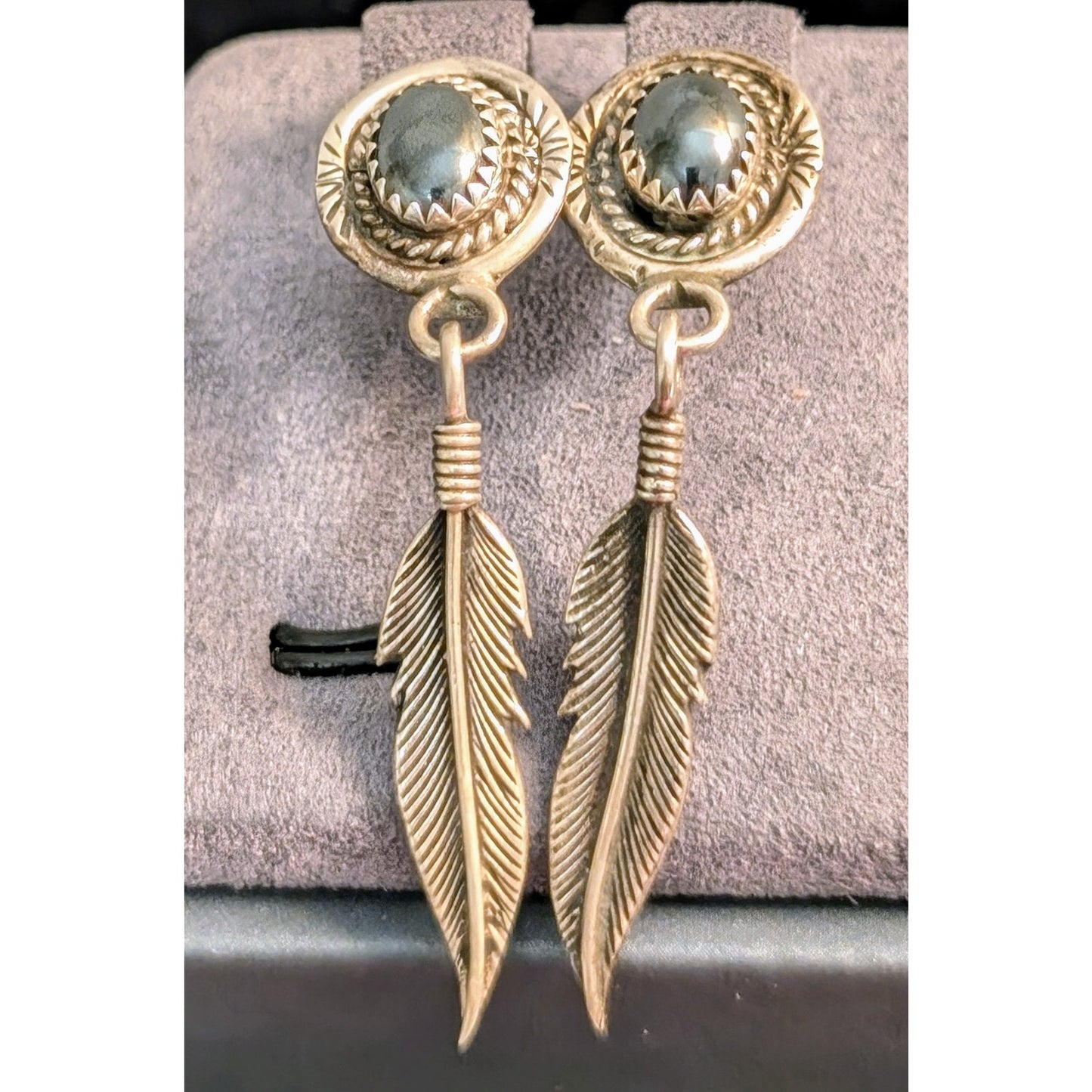 Vintage Signed 925 Sterling Silver Navajo Hematite Feather Dangle Post Earrings