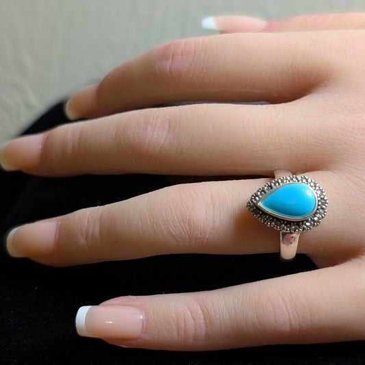 Vintage Teardrop Turquoise Marcasite Border 925 Sterling Silver Ring Size 6.75