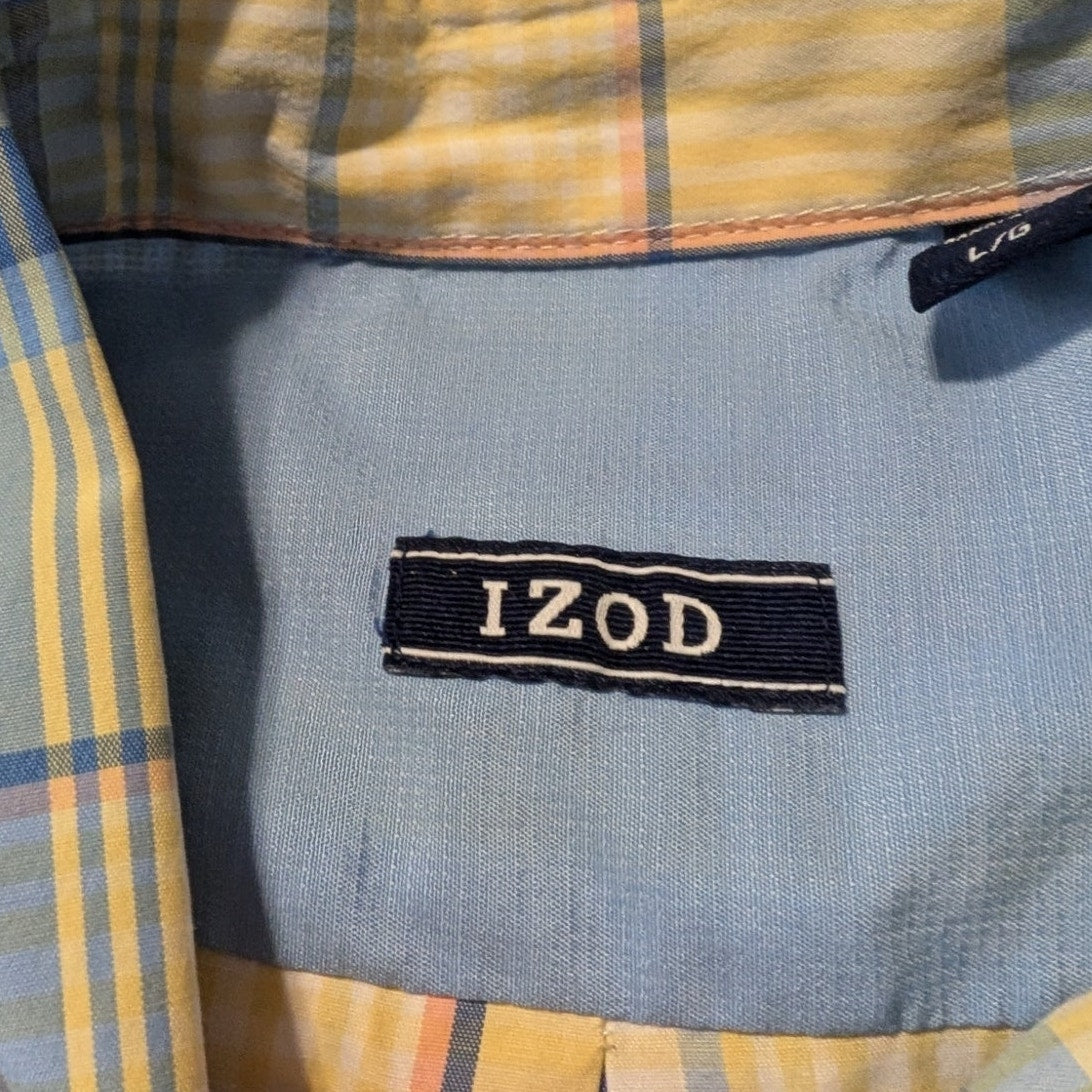 Izod Yellow Blue Plaid Short Sleeve Button Down Shirt Mens Sz L