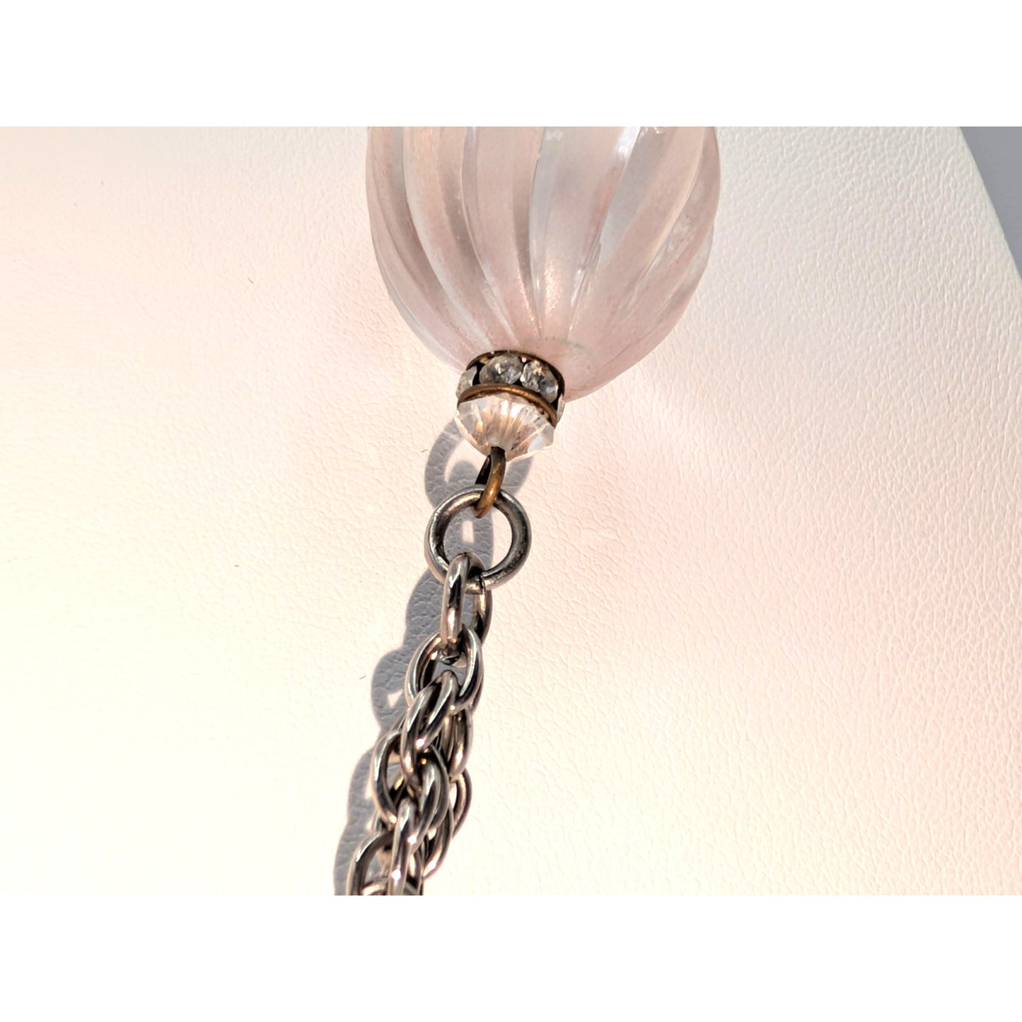 Vtg Art Deco Style Pink Swirl & Crystal Bead Silver Tone Dangle Chain Necklace