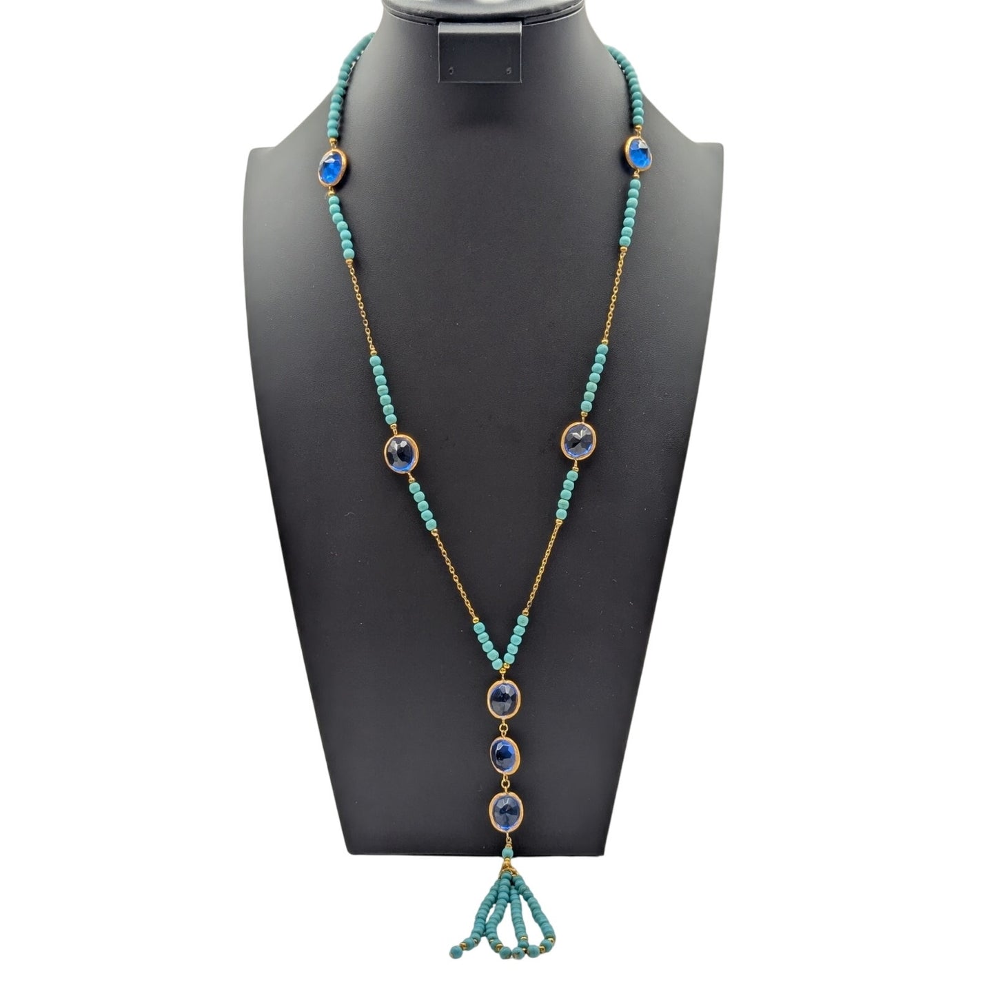 Dyed Howlite Sapphire Glass Gold Tone Bezel Set Tassel Slip Over 28" Necklace