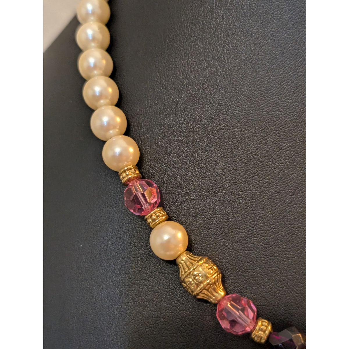 1928 Faux Pearl Purple Pink Gold Bead 17"-19.5" Necklace