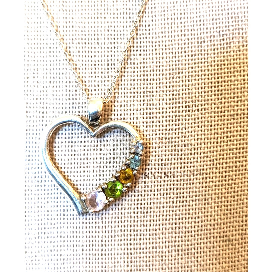925 Sterling Silver Multi-Color Crystal Heart Necklace on Sterling 18" Chain