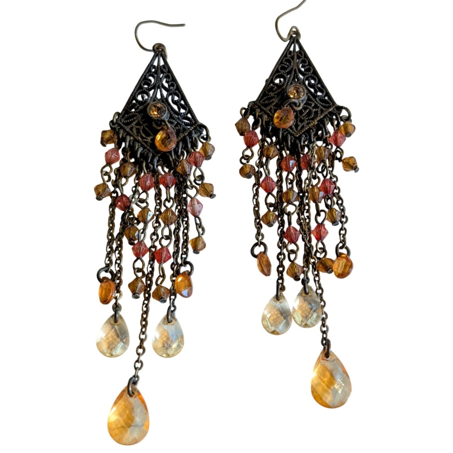 VTG Antiqued Chandelier Amber Color Filigree Crystal Chain Dangle Wire Earrings