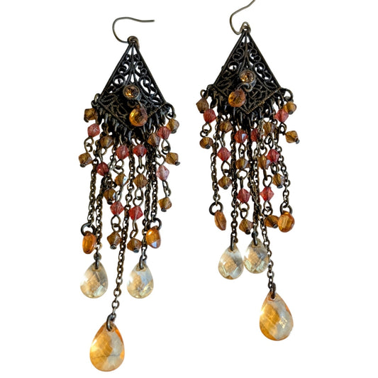 VTG Antiqued Chandelier Amber Color Filigree Crystal Chain Dangle Wire Earrings