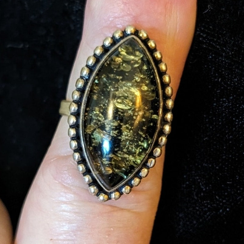 Vintage Baltic Green Amber 925 Sterling Silver Marquis Cut Ring Size 7.75