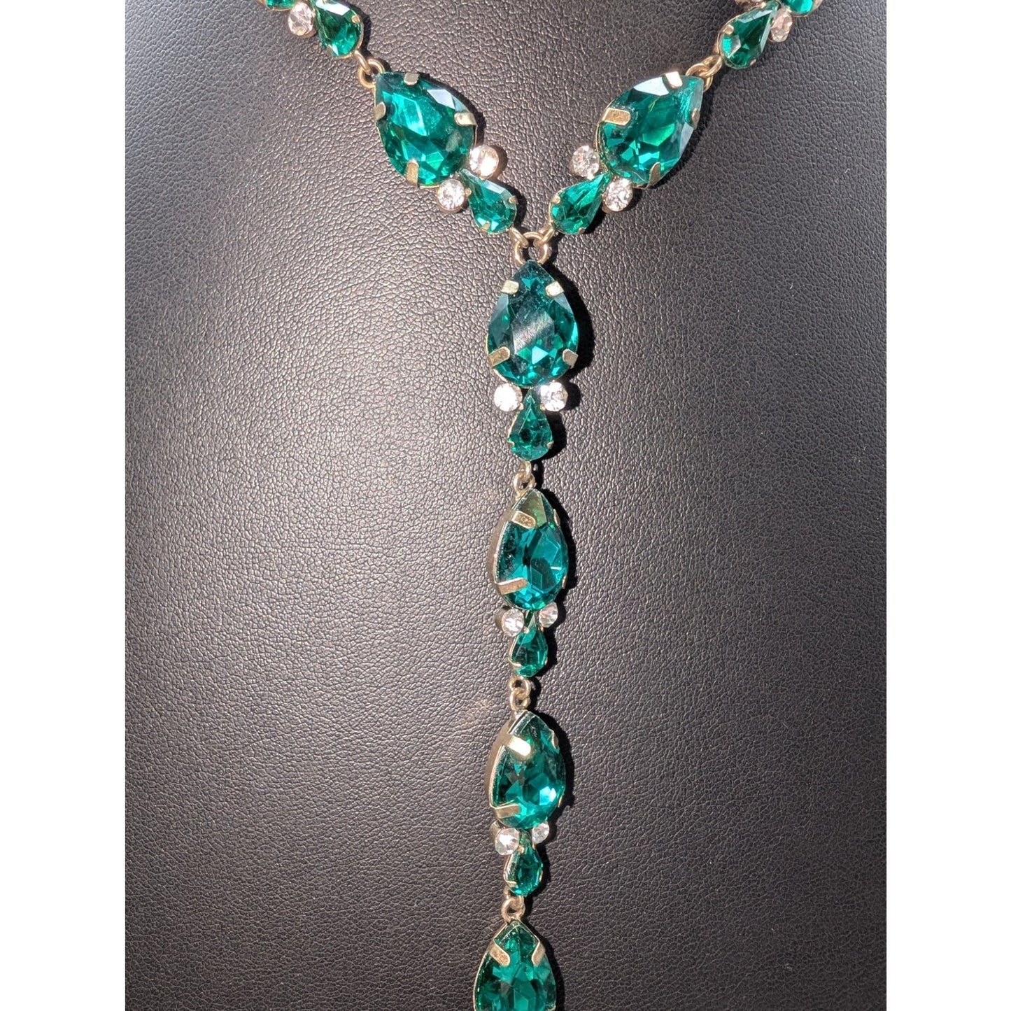 Sherri Hill Gold Tone Metal Green & Clear Rhinestone Long Y 15"-18" Necklace