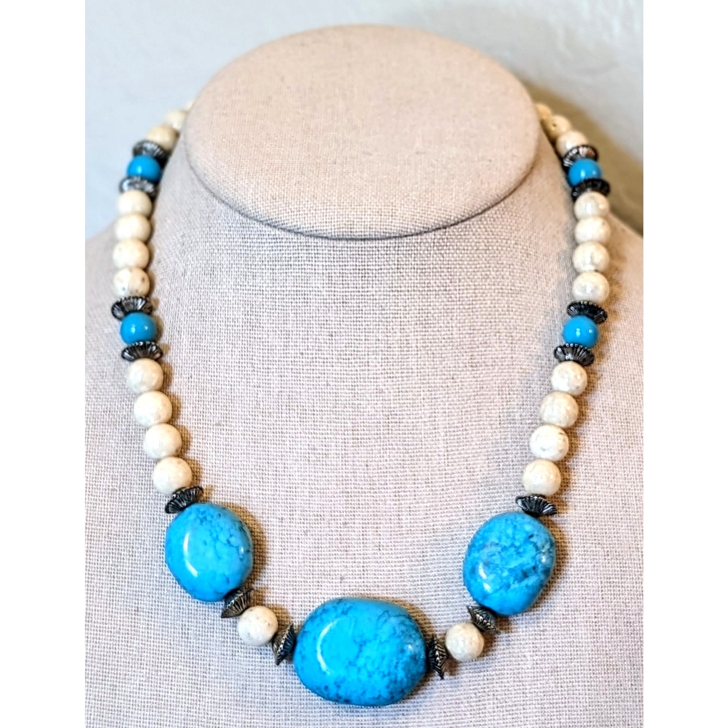 Blue and Cream Stone 17.5" Heavy Beaded Necklace