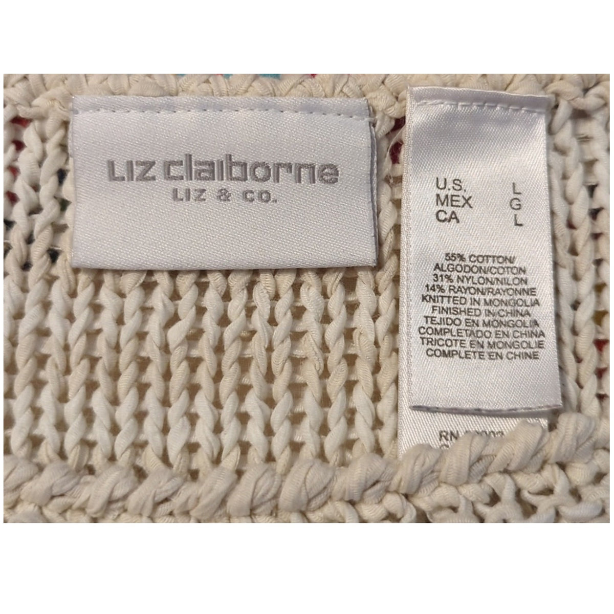 Liz Claiborne Cream Striped Round Neck 3/4 Sleeve Sweater Women's Size L