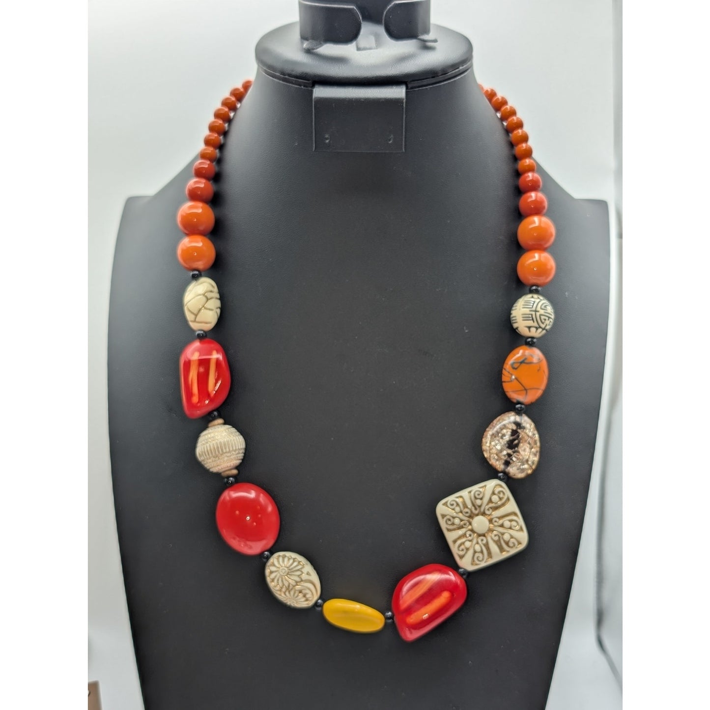 Vibrant Orange Yellow Cream Acrylic Multi-Bead 22.5"-25.5" Necklace