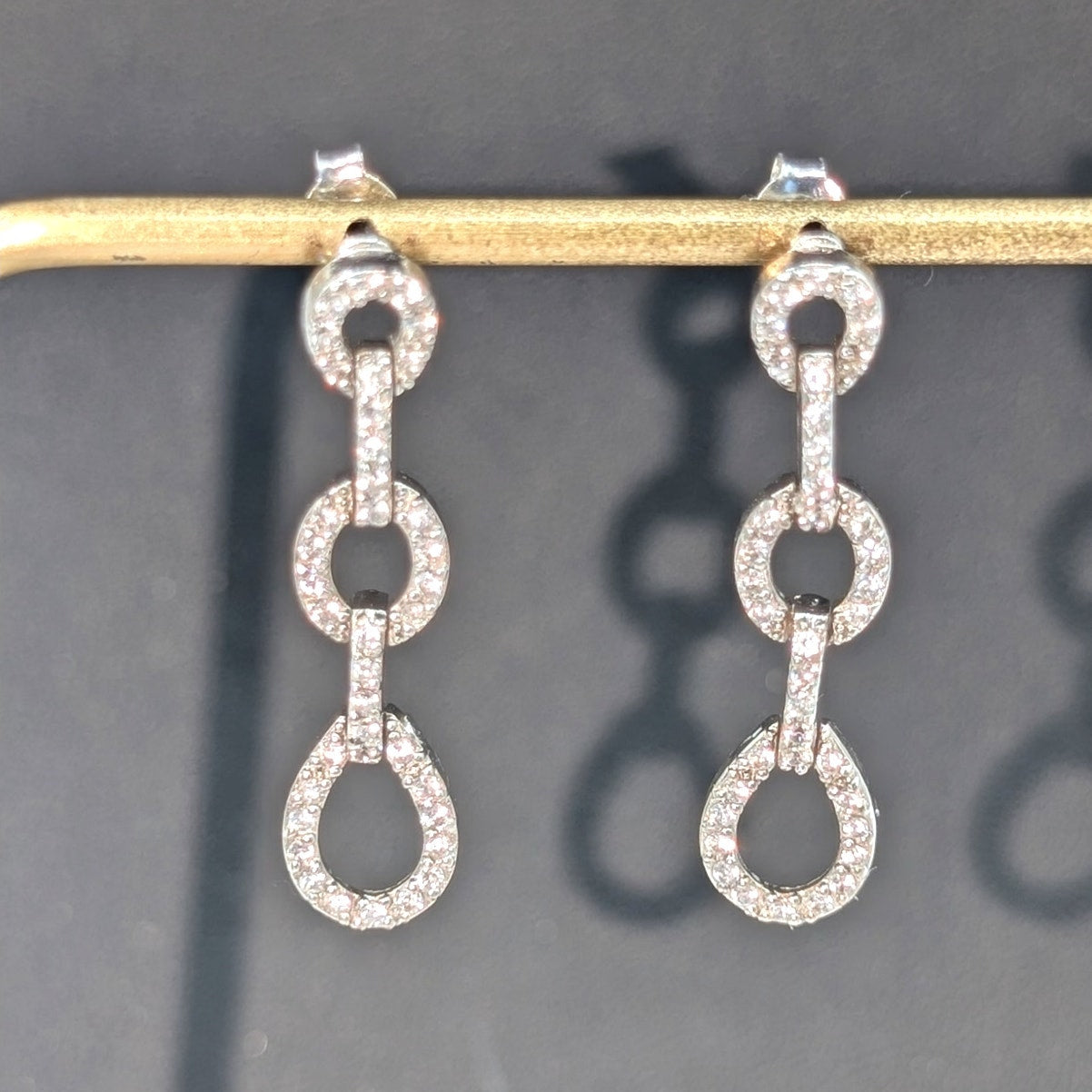 925 Sterling Silver Articulated Graduated Circle Link CZ Drop Earrings
