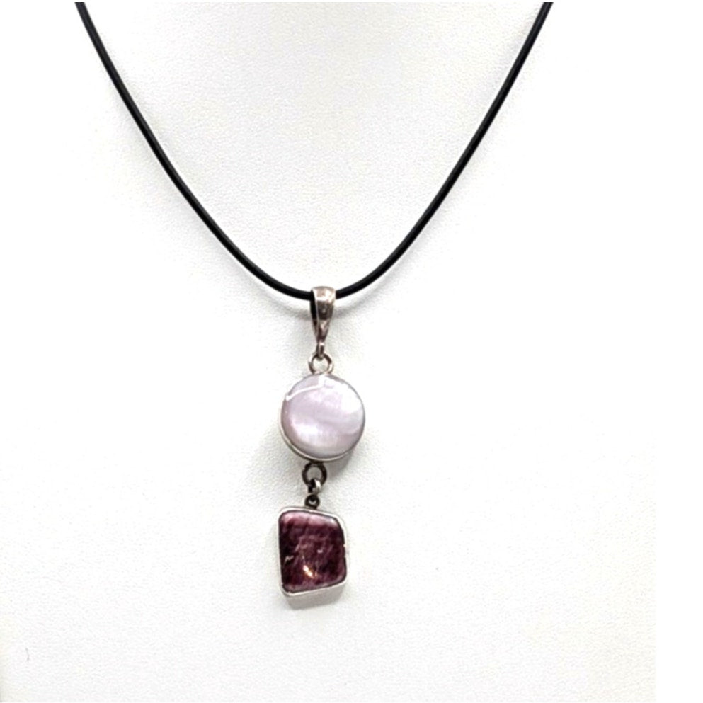 Vtg 925 Sterling Silver Pink Mother of Pearl & Purple Spiny Oyster Cord Necklace